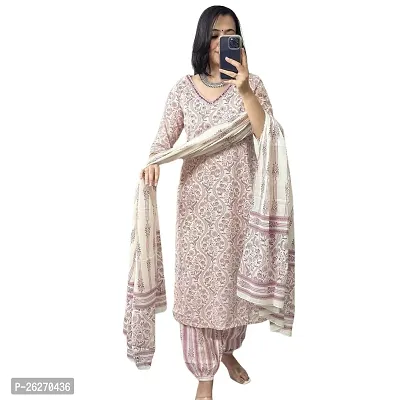 Beautiful Anarkali White Printed Cotton Kurta Pant and Dupatta Set For Women