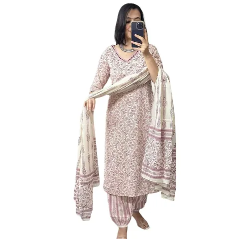 Stylish Cotton Printed Kurta Bottom Dupatta Set