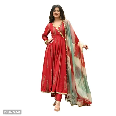 Beautiful Anarkali Red Printed Rayon Kurta Pant and Dupatta Set For Women