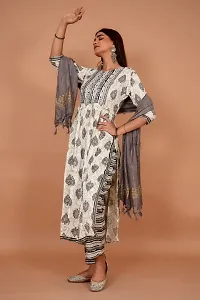 Beautiful Anarkali White Printed Cotton Kurta Pant and Dupatta Set For Women-thumb1