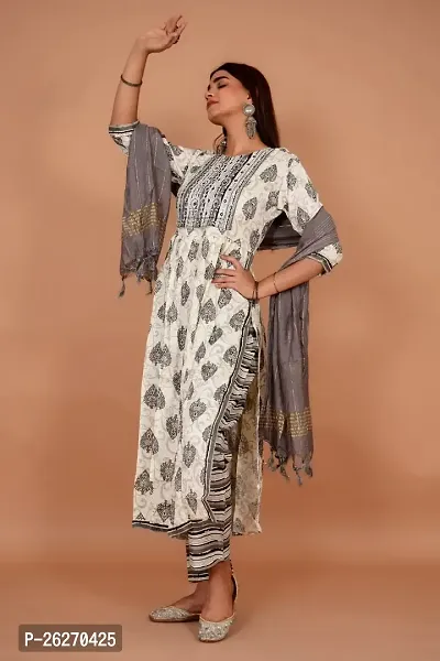 Beautiful Anarkali White Printed Cotton Kurta Pant and Dupatta Set For Women-thumb2