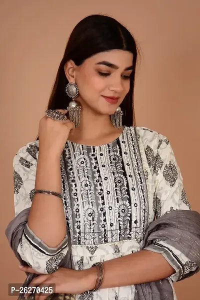 Beautiful Anarkali White Printed Cotton Kurta Pant and Dupatta Set For Women-thumb5