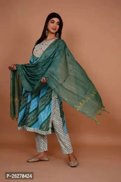 Beautiful Anarkali Sky Blue Printed Cotton Kurta Pant and Dupatta Set For Women-thumb2