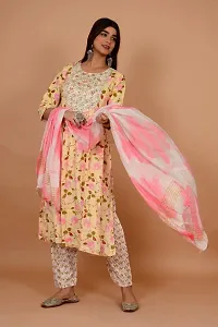 Beautiful Anarkali Yellow Printed Cotton Kurta Pant and Dupatta Set For Women-thumb1