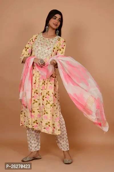 Beautiful Anarkali Yellow Printed Cotton Kurta Pant and Dupatta Set For Women-thumb2