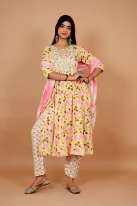 Beautiful Anarkali Yellow Printed Cotton Kurta Pant and Dupatta Set For Women-thumb2