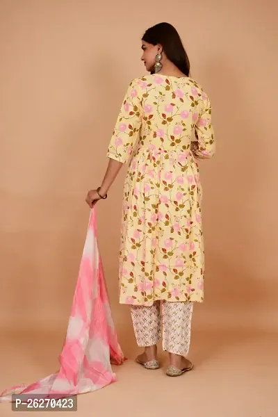 Beautiful Anarkali Yellow Printed Cotton Kurta Pant and Dupatta Set For Women-thumb4