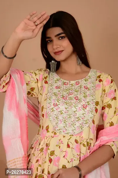 Beautiful Anarkali Yellow Printed Cotton Kurta Pant and Dupatta Set For Women-thumb5
