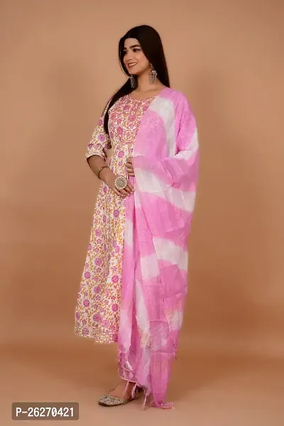 Beautiful Anarkali Pink Printed Cotton Kurta Pant and Dupatta Set For Women-thumb2