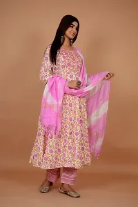 Beautiful Anarkali Pink Printed Cotton Kurta Pant and Dupatta Set For Women-thumb2