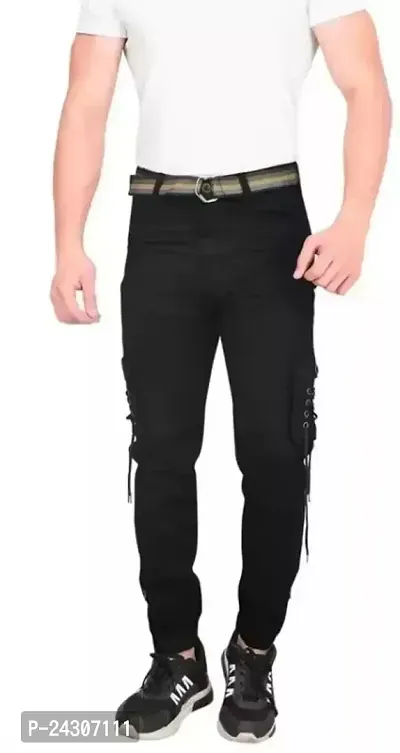 Stylish Black Cotton Blend Solid Mid-Rise Cargo For Men-thumb0