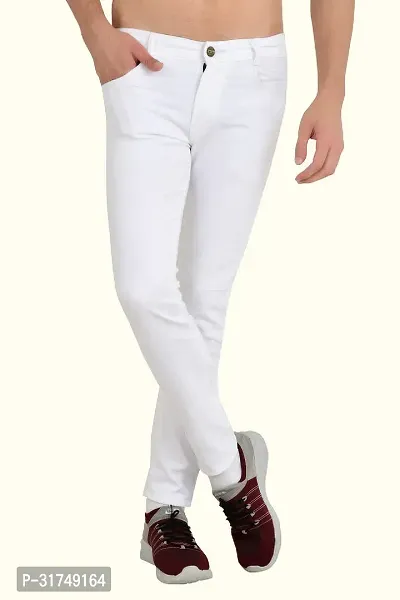 Stylish White Cotton Blend Solid Mid-Rise Jeans For Men-thumb0