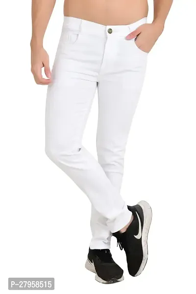 Stylish White Cotton Blend Solid Mid-Rise Jeans For Men-thumb0