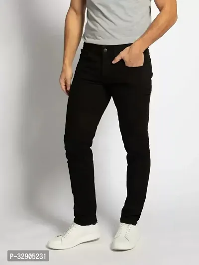 Stylish Black Denim Solid Regular Fit Jeans For Men-thumb0