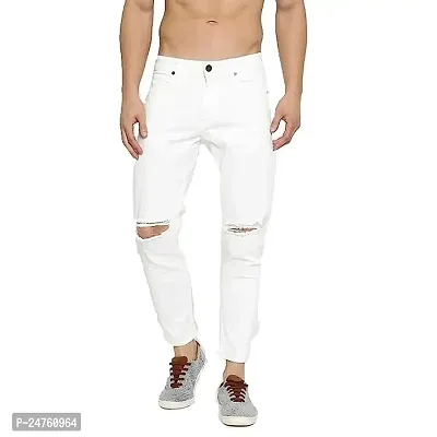 COMFITS Men's Boys White Stylish  Casual Knee Cut Jeans (30)-thumb0