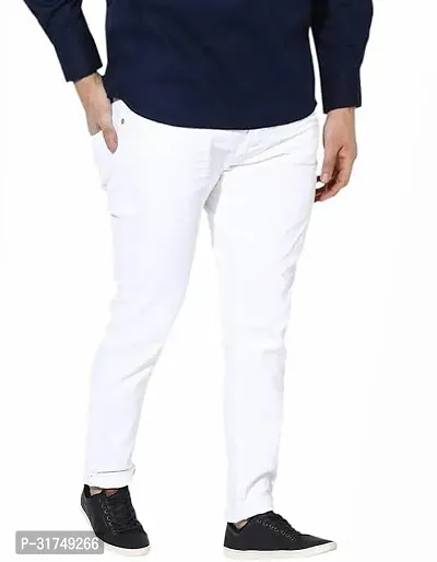 Stylish White Cotton Blend Solid Mid-Rise Jeans For Men