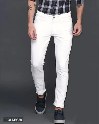 Stylish White Denim Solid Mid-Rise Jeans For Men