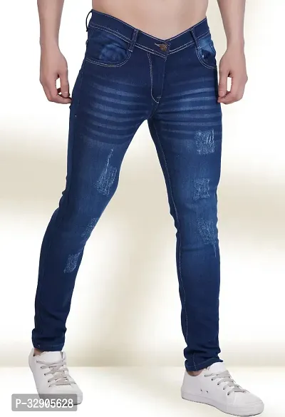 Elegant Blue Denim Distress Mid-Rise Jeans For Men-thumb0