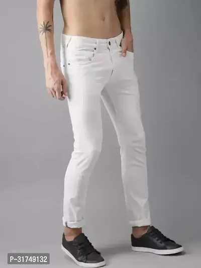 Stylish White Cotton Blend Solid Mid-Rise Jeans For Men-thumb3