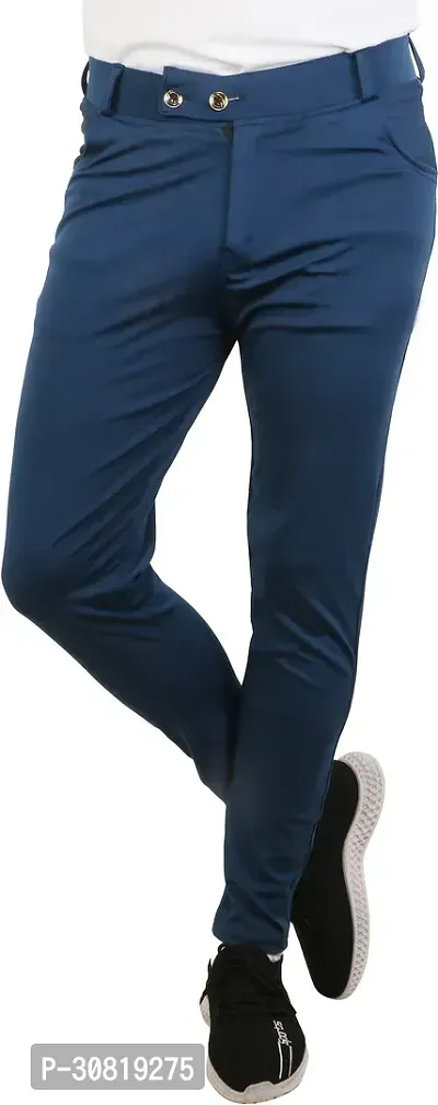 Mevan Stylish Blue Lycra Blend Solid Regular Fit Trouser For Men