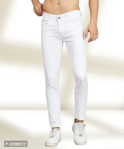 Elegant White Denim Solid Mid-Rise Jeans For Men-thumb0