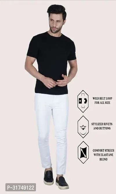 Stylish White Cotton Blend Solid Mid-Rise Jeans For Men-thumb5