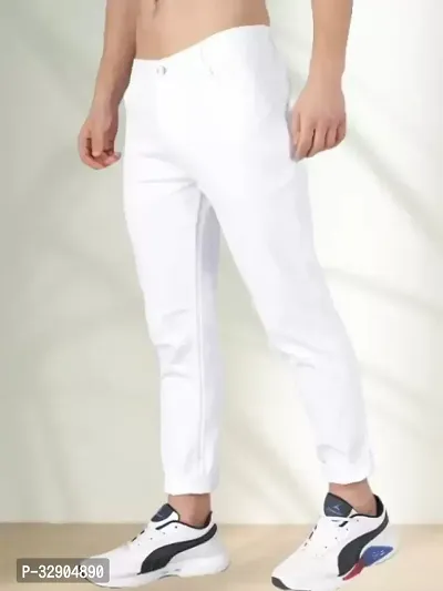 Stylish White Denim Solid Regular Fit Jeans For Men-thumb0