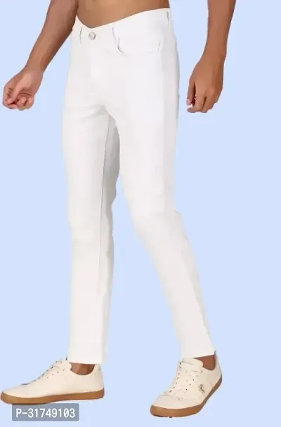 Stylish White Denim Solid Mid-Rise Jeans For Men-thumb0