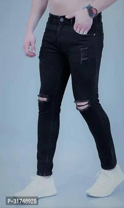 Stylish Black Denim Solid Mid-Rise Jeans For Men