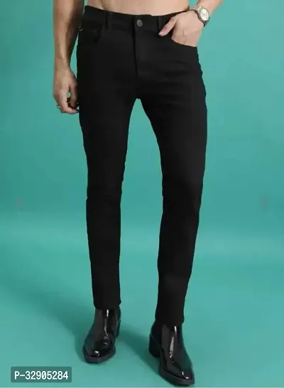 Stylish Black Denim Solid Regular Fit Jeans For Men-thumb0