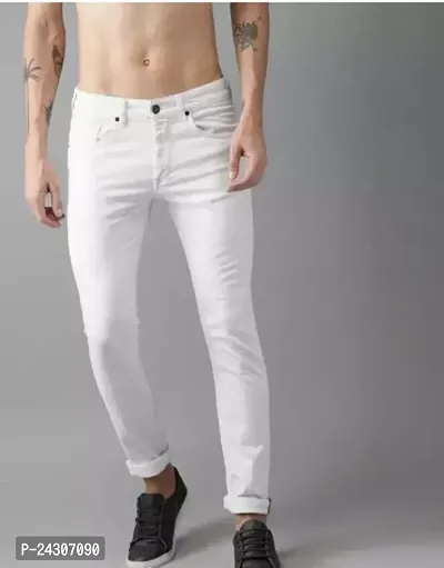 Stylish White Cotton Blend Solid Mid-Rise Jeans For Men-thumb0