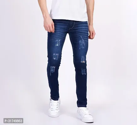 Stylish Blue Cotton Blend Solid Mid-Rise Jeans For Men