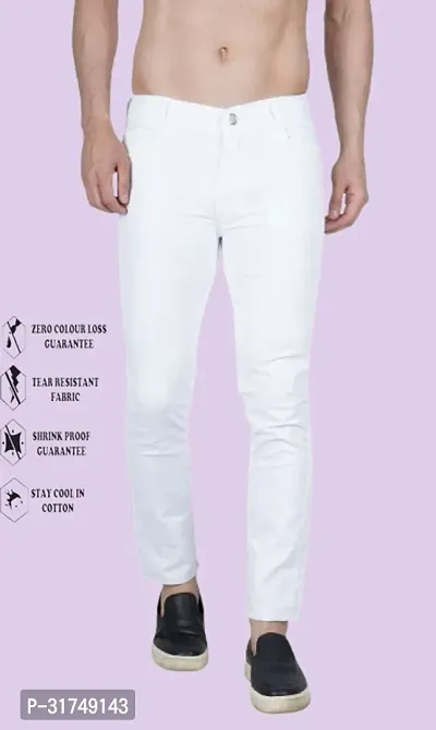 Stylish White Cotton Blend Solid Mid-Rise Jeans For Men