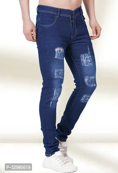 Elegant Blue Denim Distress Mid-Rise Jeans For Men-thumb0