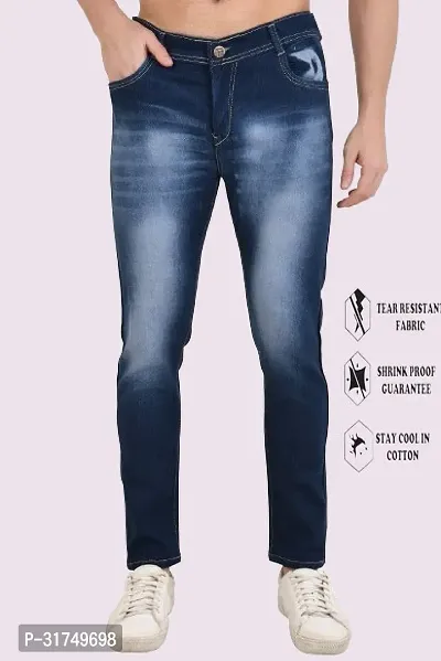 Stylish Blue Cotton Blend Solid Mid-Rise Jeans For Men-thumb0