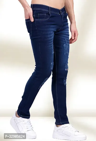 Elegant Blue Denim Distress Mid-Rise Jeans For Men-thumb0