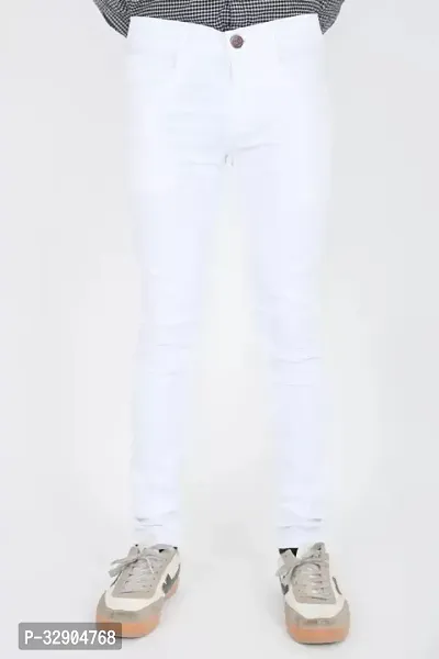 Stylish White Denim Solid Regular Fit Jeans For Men-thumb0