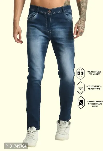 Stylish Blue Cotton Blend Solid Mid-Rise Jeans For Men