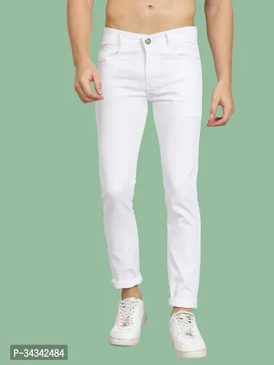 Stylish White Solid Slim Fit Denim Jeans For Men-thumb0