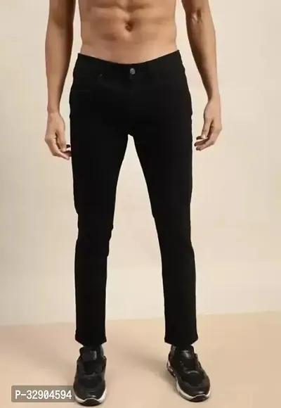 Stylish Black Denim Solid Regular Fit Jeans For Men-thumb0