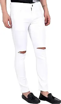 Stylish White Cotton Blend Solid Mid-Rise Jeans For Men-thumb1