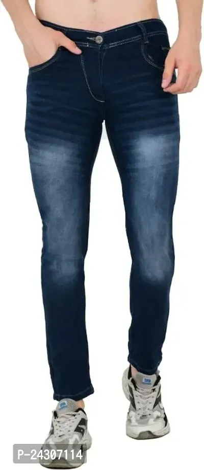 Stylish Blue Cotton Blend Printed Mid-Rise Jeans For Men
