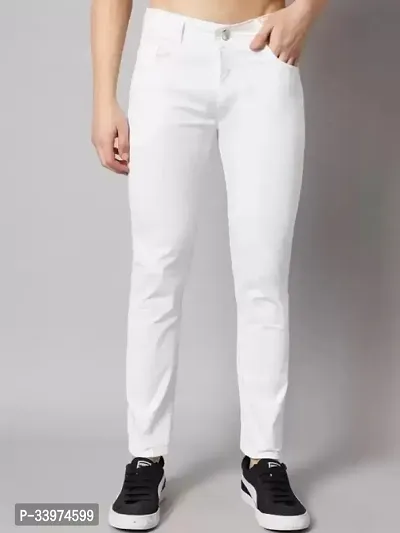 Stylish White Denim Solid Mid Rise Jeans For Men-thumb0