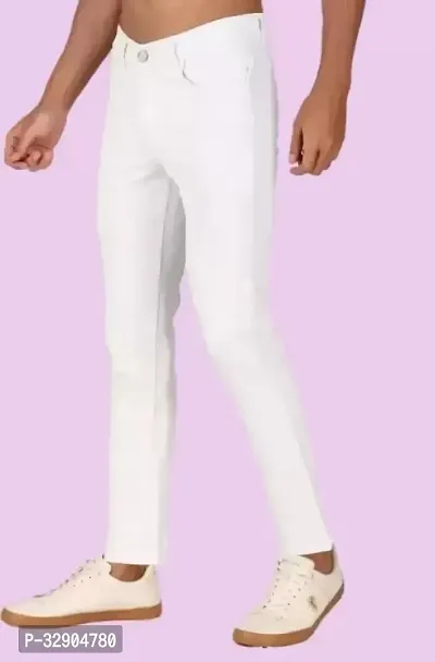 Stylish White Denim Solid Regular Fit Jeans For Men-thumb0