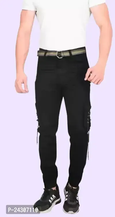 Stylish Black Cotton Blend Solid Mid-Rise Cargo For Men-thumb0