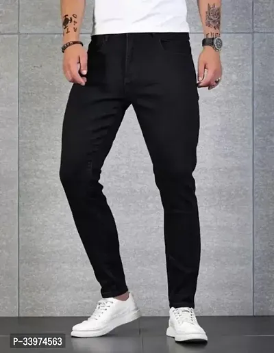 Stylish Black Denim Solid Mid Rise Jeans For Men-thumb0