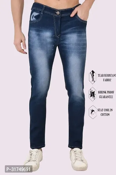 Stylish Blue Cotton Blend Solid Mid-Rise Jeans For Men-thumb0