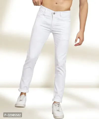 Elegant White Denim Solid Mid-Rise Jeans For Men-thumb0