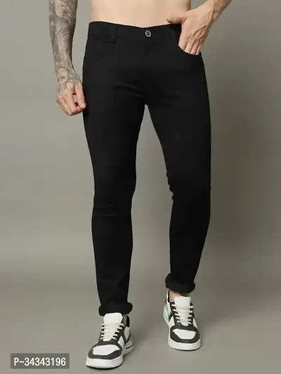 Stylish Black Denim Solid Jeans For Men-thumb0