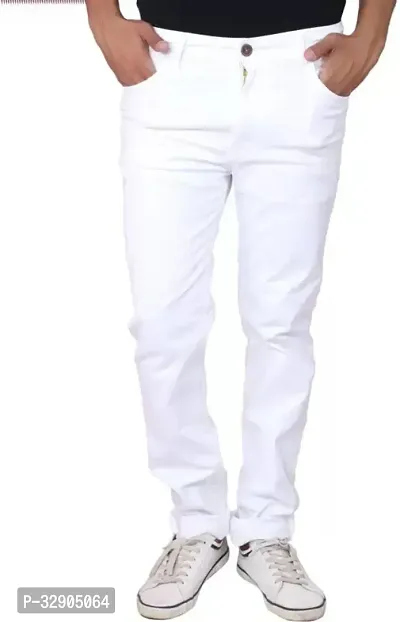 Stylish White Denim Solid Regular Fit Jeans For Men-thumb0